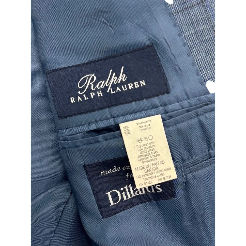 Ralph Lauren 42R Blue Windowpane Silk Wool Linen Blazer Jacket Sport Suit Coat